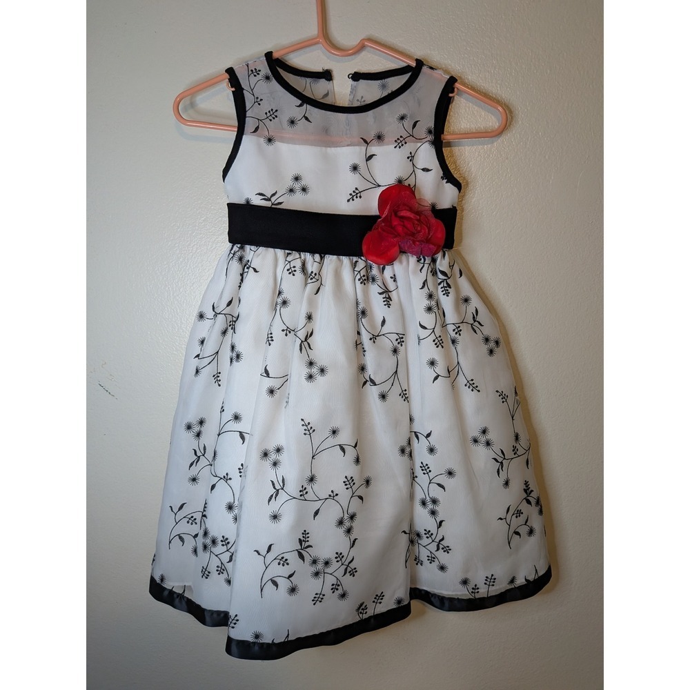Girls White Black Floral Embroidered Party Dress with Flower Accent‎